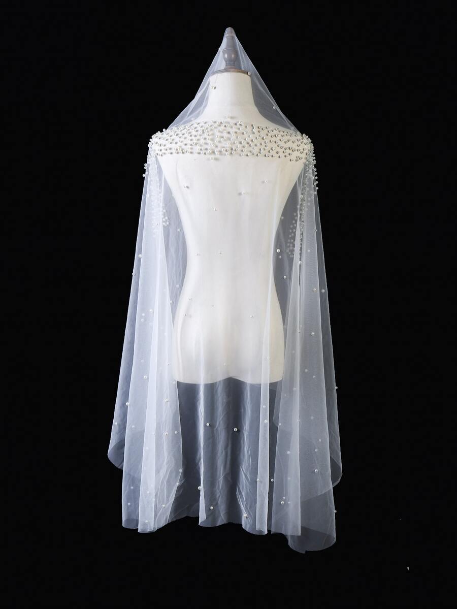 Faux Pearl Decor Bridal Veil Fall Clothes For Women - White - View 1
