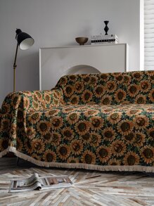 1pc Sunflower Pattern Fringe Trim Sofa Towel - Multicolor - View 1
