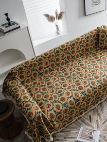 1pc Sunflower Pattern Fringe Trim Sofa Towel - Multicolor - View 2