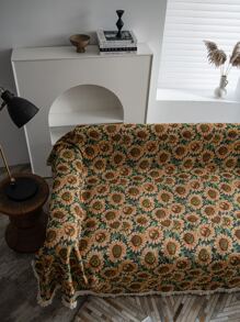 1pc Sunflower Pattern Fringe Trim Sofa Towel - Multicolor - View 3