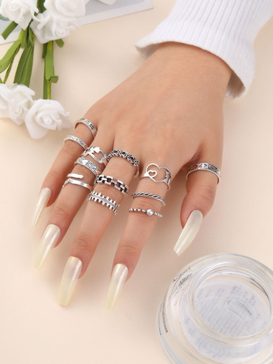 12 piezas Anillo con diseño corazón & de estrella - Plata antigua - Ver 1