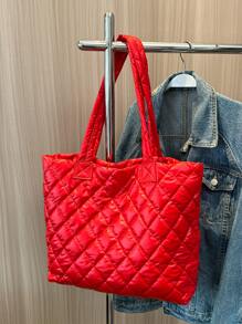 Neon Red Quilted Shoulder Tote Bag - Red - View 1
