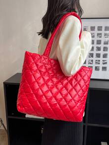 Neon Red Quilted Shoulder Tote Bag - Red - View 2