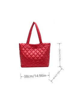 Neon Red Quilted Shoulder Tote Bag - Red - View 4