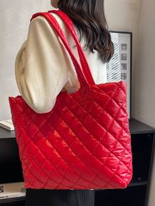 Neon Red Quilted Shoulder Tote Bag - Red - View 5