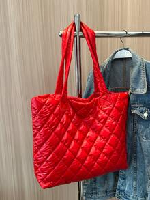 Neon Red Quilted Shoulder Tote Bag - Red - View 7