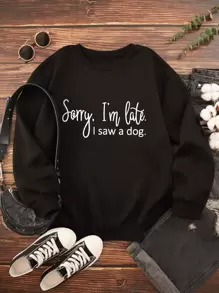 SHEIN LUNE Plus Slogan Graphic Thermal Lined Sweatshirt - Black - View 1