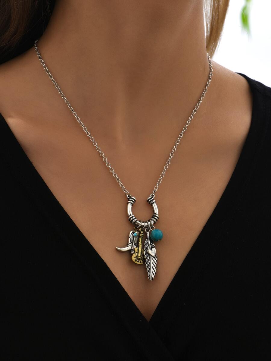 Musical Instrument & Leaf Pendant Necklace - Antique Silver - View 1