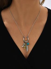 Musical Instrument & Leaf Pendant Necklace - Antique Silver - View 3