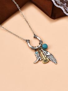 Musical Instrument & Leaf Pendant Necklace - Antique Silver - View 4