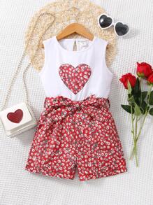 SHEIN Young Girl Ditsy Floral & Heart Print Belted Romper - Red and White - View 1