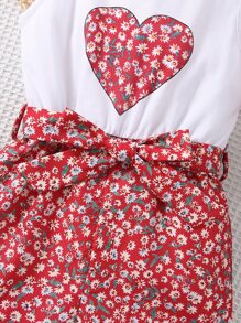 SHEIN Young Girl Ditsy Floral & Heart Print Belted Romper - Red and White - View 3