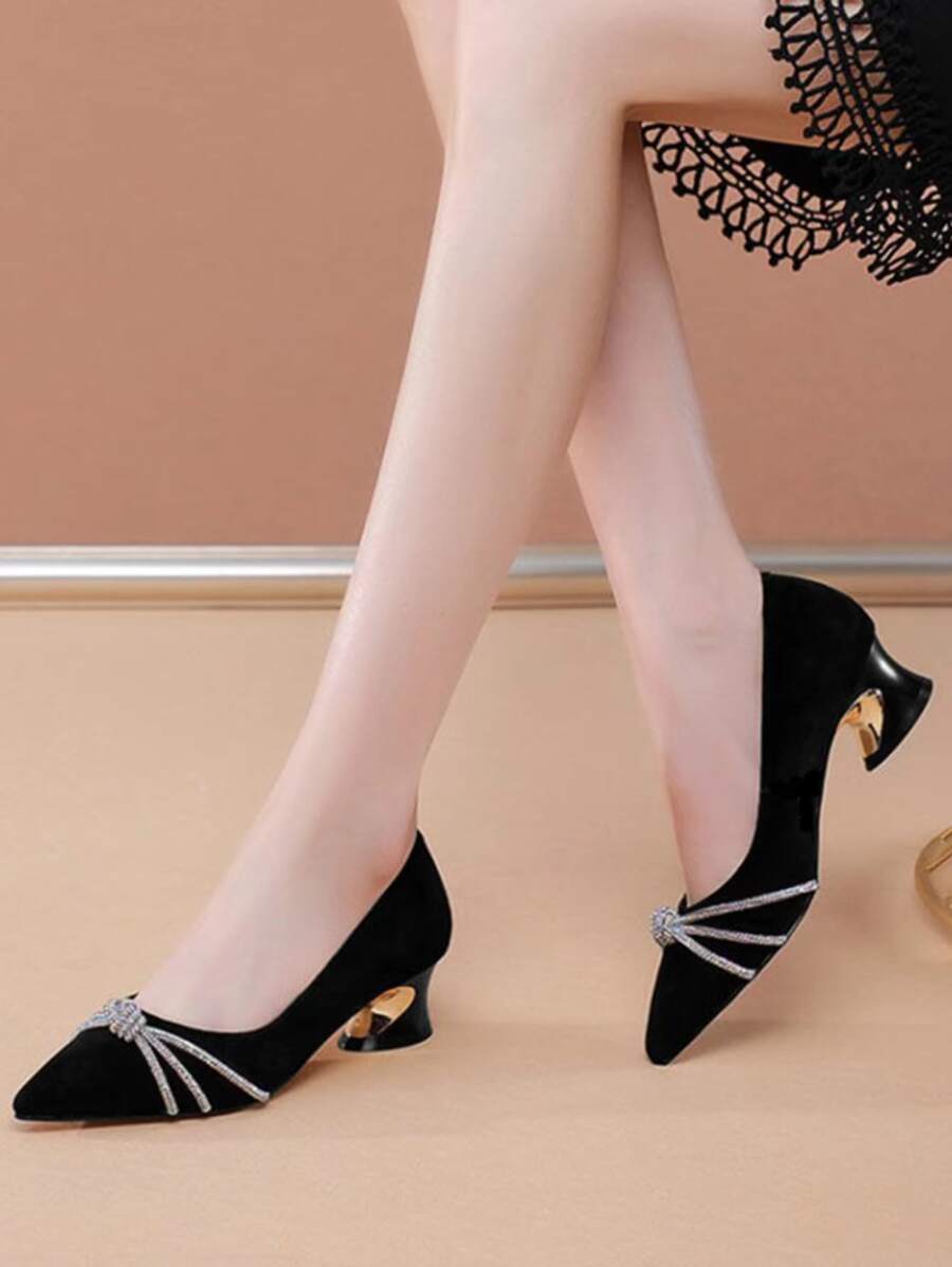 Tacones altos elegantes, cómodos y versátiles sin fatiga con correa de strass para mujer, para otoño/invierno - Negro - Ver 1