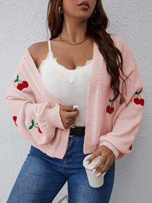 Valentine Vionelle Plus Size Women's  Cherry Embroidery Lantern Sleeve Off Shoulder Casual Sweater Cardigan, Autumn/Winter,Baby Pink,Women's Knitted Coat, Christmas, Party, Red, Red Cherry Embroidery, Regular Style, Women's Daily Commuting Wear,Winter,Summer,Spring/Fall - Baby Pink - View 1