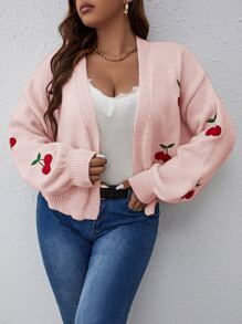 Valentine Vionelle Plus Size Women's  Cherry Embroidery Lantern Sleeve Off Shoulder Casual Sweater Cardigan, Autumn/Winter,Baby Pink,Women's Knitted Coat, Christmas, Party, Red, Red Cherry Embroidery, Regular Style, Women's Daily Commuting Wear,Winter,Summer,Spring/Fall - Baby Pink - View 3
