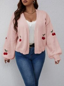 Valentine Vionelle Plus Size Women's  Cherry Embroidery Lantern Sleeve Off Shoulder Casual Sweater Cardigan, Autumn/Winter,Baby Pink,Women's Knitted Coat, Christmas, Party, Red, Red Cherry Embroidery, Regular Style, Women's Daily Commuting Wear,Winter,Summer,Spring/Fall - Baby Pink - View 4