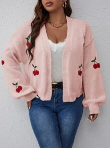 Valentine Vionelle Plus Size Women's  Cherry Embroidery Lantern Sleeve Off Shoulder Casual Sweater Cardigan, Autumn/Winter,Baby Pink,Women's Knitted Coat, Christmas, Party, Red, Red Cherry Embroidery, Regular Style, Women's Daily Commuting Wear,Winter,Summer,Spring/Fall - Baby Pink - View 6