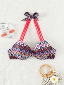 Parte superior de bikini con estampado de chevron, tipo halter y push up para el verano - Multicolor - Ver 3