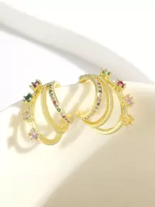 Anting Stud Dekorasi Zirkonia Kubik - Yellow Gold - View 5