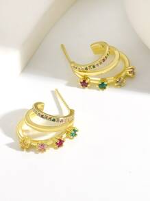Anting Stud Dekorasi Zirkonia Kubik - Yellow Gold - View 7