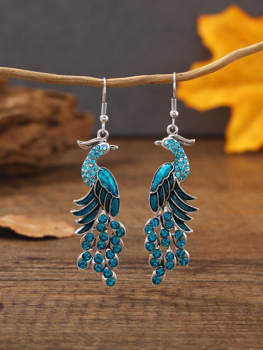 Rhinestone Peacock Drop Earrings - Blue - View 1