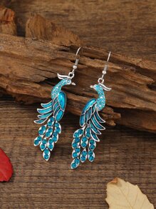Rhinestone Peacock Drop Earrings - Blue - View 2