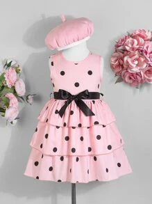 小女童波點圖案層疊下擺繫腰帶連衣裙和帽 - 粉色 - 查看 1
