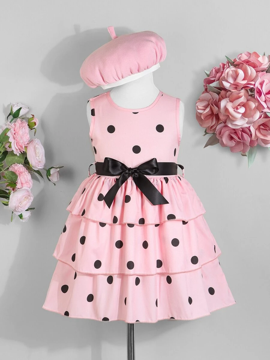 小女童波點圖案層疊下擺繫腰帶連衣裙和帽 - 粉色 - 查看 1