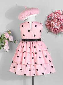 小女童波點圖案層疊下擺繫腰帶連衣裙和帽 - 粉色 - 查看 2