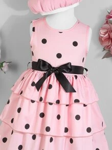 小女童波點圖案層疊下擺繫腰帶連衣裙和帽 - 粉色 - 查看 4