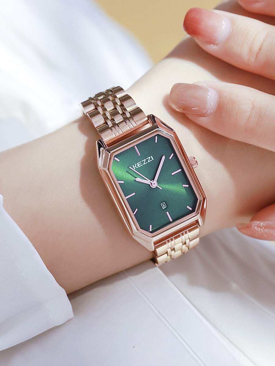 KEZZI Đồng hồ thạch anh cổ điển hình chữ nhật - Hoa hồng vàng - Xem 1