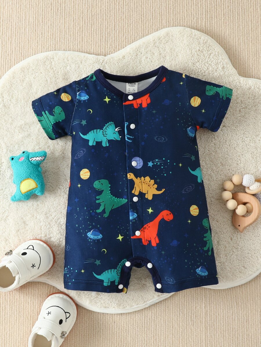 SHEIN Newborn Baby Dinosaur Print Button Front Romper - Navy Blue - View 1