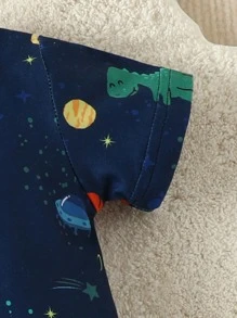 SHEIN Newborn Baby Dinosaur Print Button Front Romper - Navy Blue - View 3