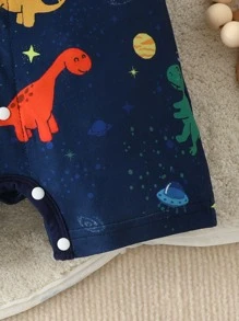 SHEIN Newborn Baby Dinosaur Print Button Front Romper - Navy Blue - View 4
