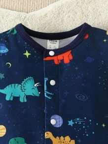 SHEIN Newborn Baby Dinosaur Print Button Front Romper - Navy Blue - View 5