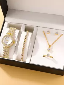 1入組水鑽裝飾石英表和5入組首飾套裝 - 金色 - 查看 1