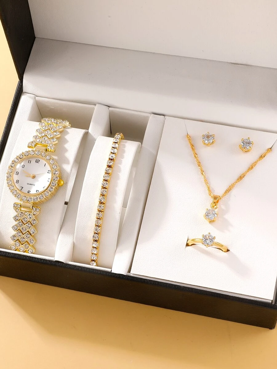 1入組水鑽裝飾石英表和5入組首飾套裝 - 金色 - 查看 1
