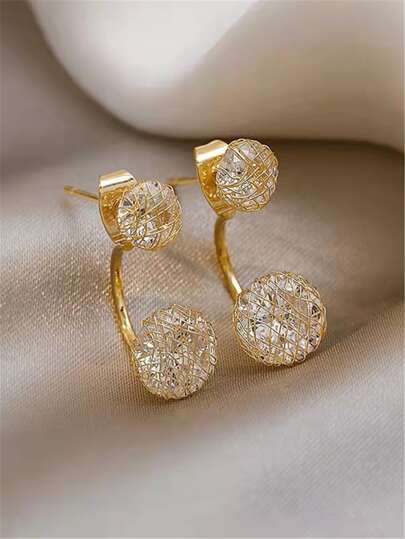 2pcs Round Heart Shaped Copper Mesh & Cubic Zirconia Stud Earrings For Women, Suitable For Daily, Dating, Party, Wedding