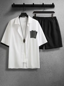 Manfinity Men Slogan Graphic Shirt & Drawstring Waist Shorts Without Tee - Black and White - View 1