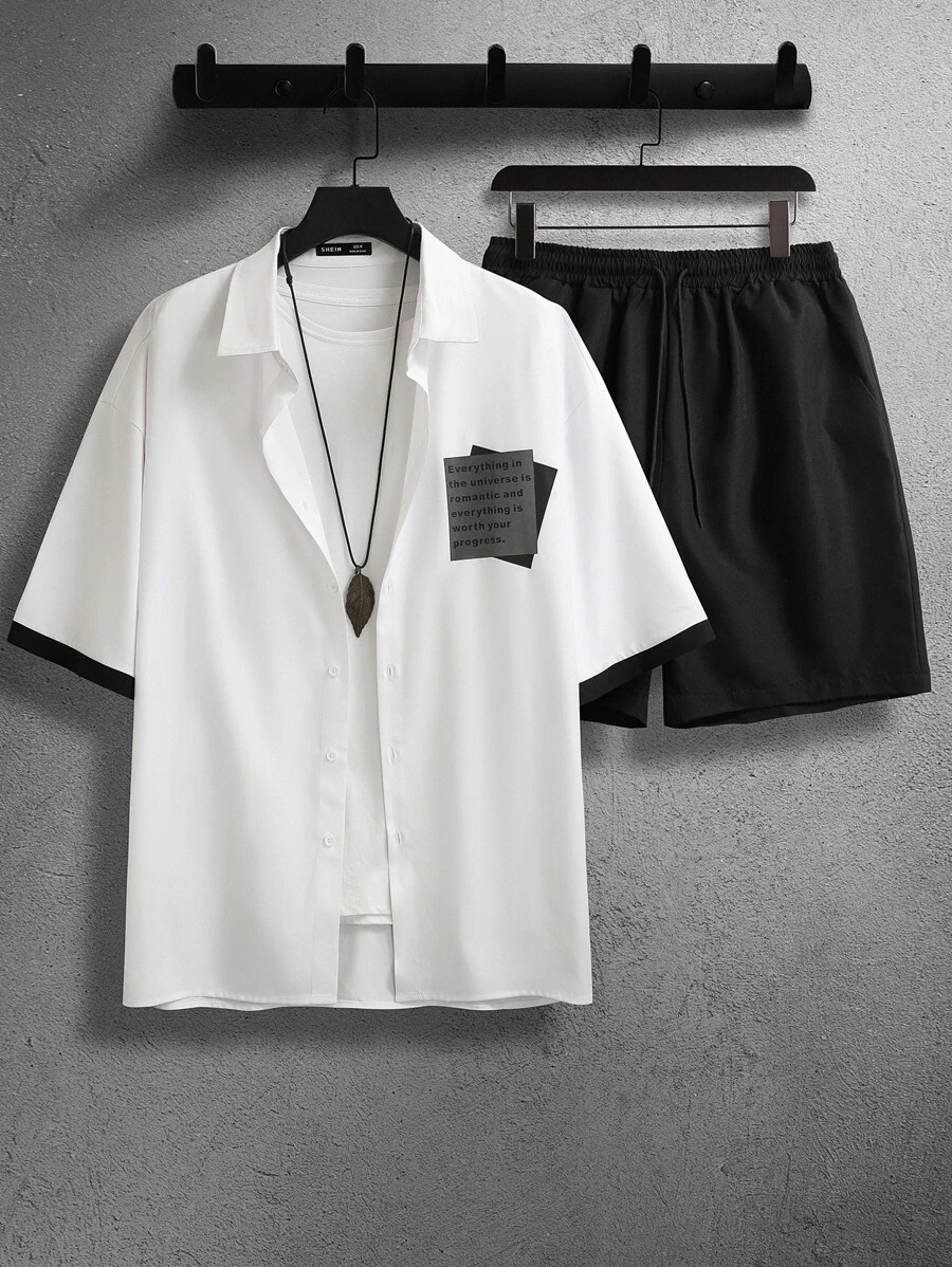 Manfinity Men Slogan Graphic Shirt & Drawstring Waist Shorts Without Tee - Black and White - View 1