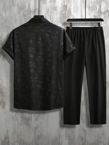 Manfinity Homme 男士圖案印花襯衫和腰部抽繩長褲不帶T恤 - 黑色 - 查看 2