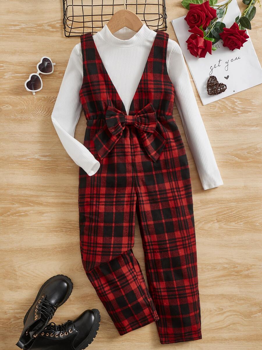 SHEIN Chicas Mono overol con estampado de cuadros con lazo delantero sin camiseta - Burdeos - Ver 1