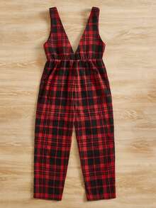 SHEIN Chicas Mono overol con estampado de cuadros con lazo delantero sin camiseta - Burdeos - Ver 2