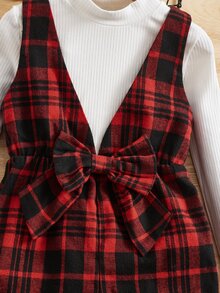 SHEIN Chicas Mono overol con estampado de cuadros con lazo delantero sin camiseta - Burdeos - Ver 3