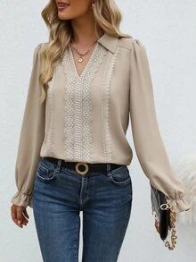 SHEIN LUNE Blusa con encaje de manga con volante - Albaricoque - Ver 6