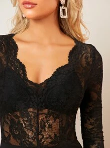 SHEIN BAE 上身蕾絲喇叭連身褲 - 黑色 - 查看 7