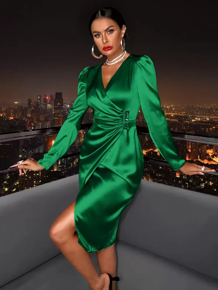 green wrap dress shein Fashion Shein Green Wrap Dress SHEIN Unity Solid Tie Side Wrap Dress SHEIN  USA
