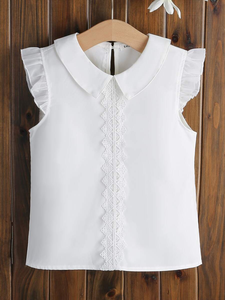 SHEIN Girls Guipure Lace Panel Ruffle Trim Keyhole Back Blouse - White - View 1