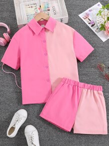 SHEIN Chicas Camisa de dos tonos & Shorts - Rosa - Ver 1