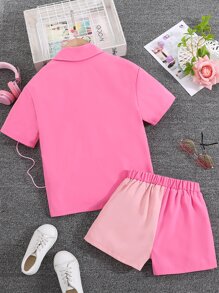 SHEIN Chicas Camisa de dos tonos & Shorts - Rosa - Ver 2